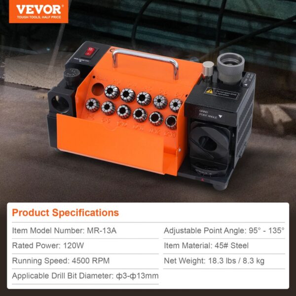 VEVOR Drill Bits Sharpener, MR-13A Bits Grinder Sharpener 3-13mm, 95° to 135° Point Angle Adjustable Drill Bit Re-Sharpener, Portable Sharpening Machine with 11 Collets, CBN & SDC Wheel