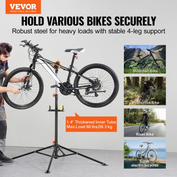 VEVOR bike repair stand holding various types of bikes securely with robust steel and 4-leg support.