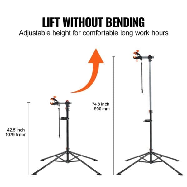 VEVOR bike repair stand with adjustable height from 42.5 inches to 74.8 inches for comfortable work.