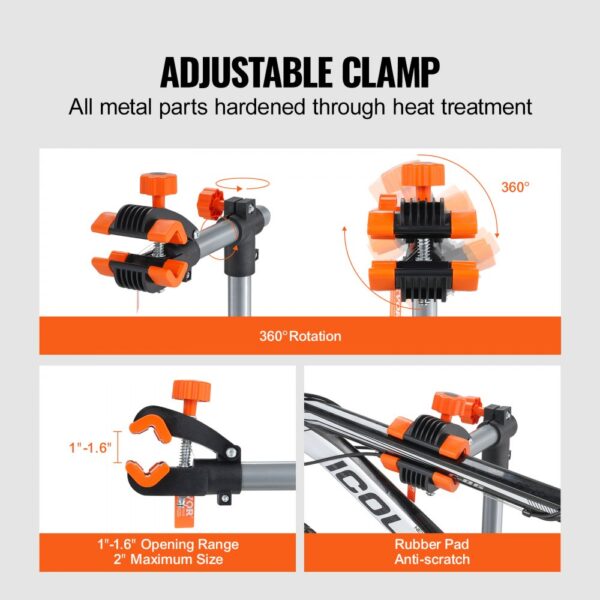 adjustable clamp for VEVOR bike repair stand with 360° rotation and anti-scratch rubber pad.