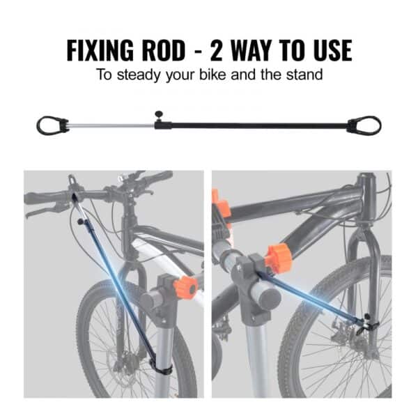 VEVOR bike repair stand fixing rod in two positions for bike stabilization. black and silver rod detail.