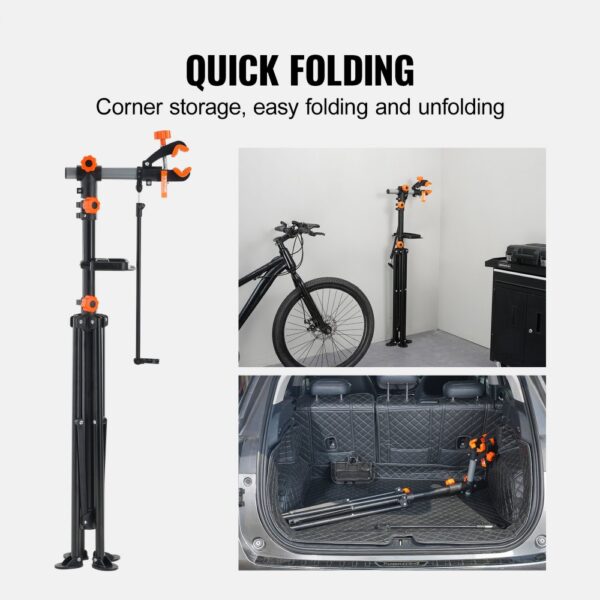 VEVOR bike repair stand, quick folding, corner storage, easily fits in a car trunk, black and orange.