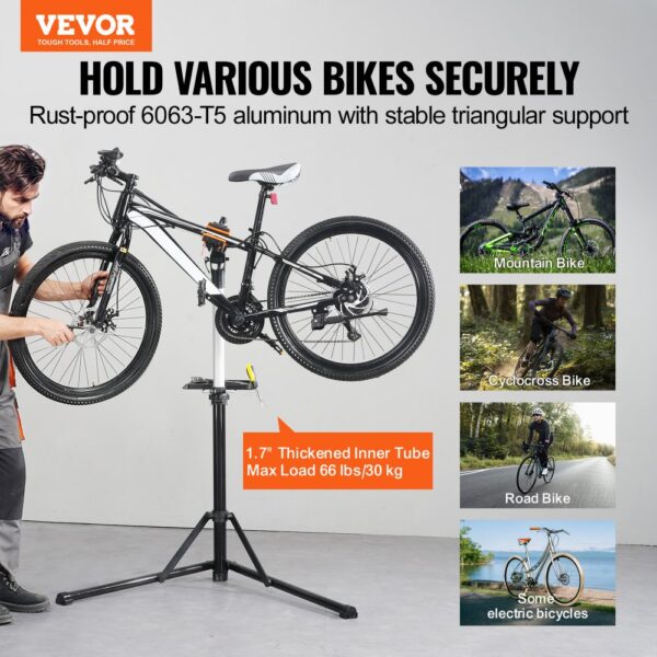 VEVOR bike repair stand showcasing its ability to hold various bikes securely with a stable triangular support.