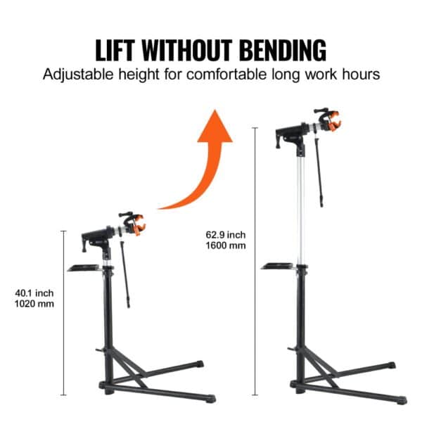 VEVOR bike repair stand: adjustable height from 40.1 to 62.9 inches for comfortable long work hours.