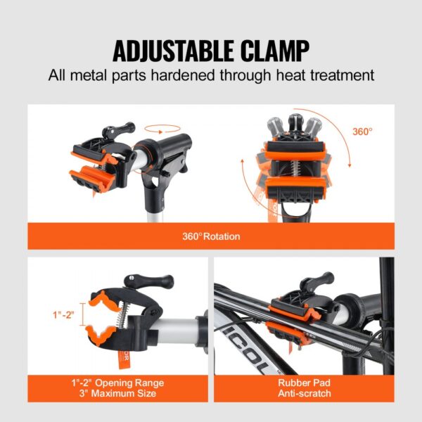 VEVOR bike repair stand with adjustable clamp, 360° rotation, 1"-2" opening range, anti-scratch rubber pad.