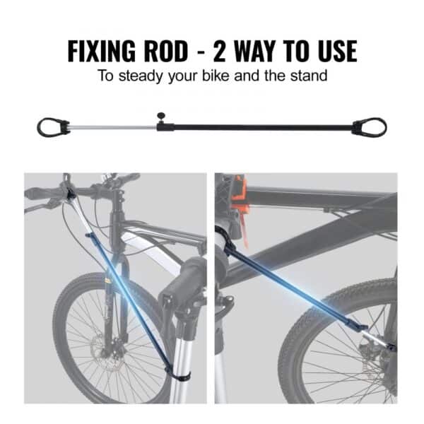 fixing rod usage on VEVOR bike repair stand, stabilizing bicycle frame with two setup options.