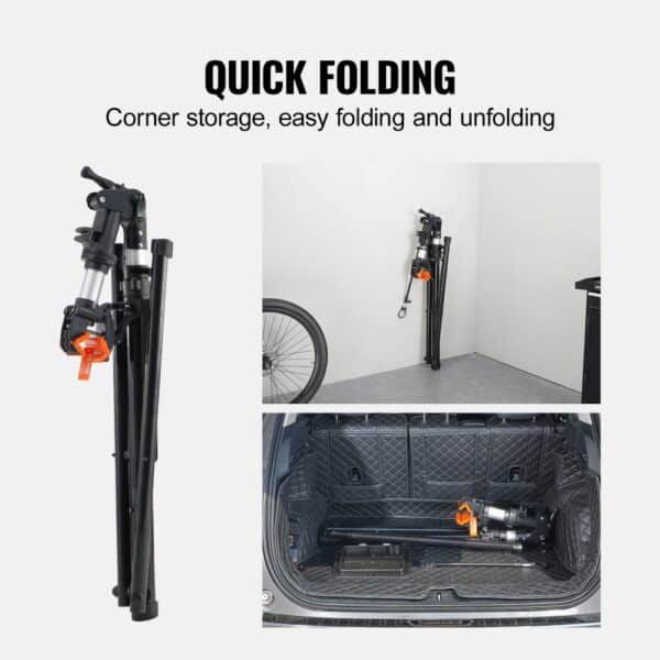 VEVOR bike repair stand folded for easy corner storage and transport in a car trunk.