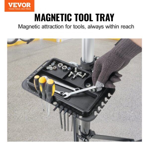 VEVOR bike repair stand with magnetic tool tray, organized tools, wrenches, and screwdrivers.