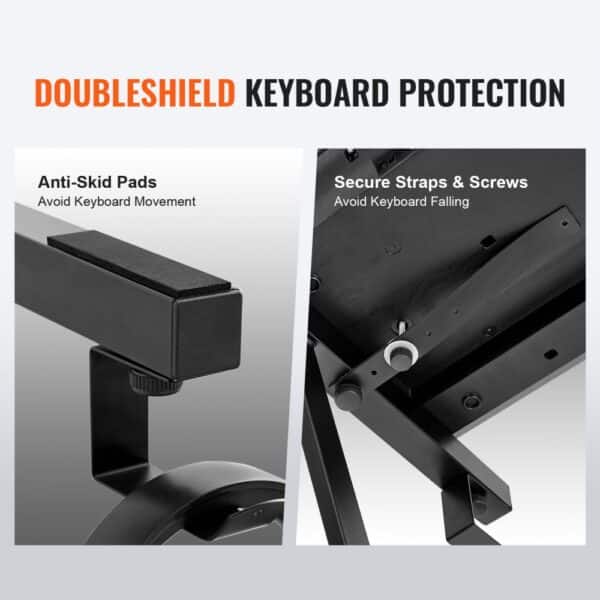 doubleshield keyboard protection on VEVOR piano keyboard stand with anti-skid pads, straps, and screws.