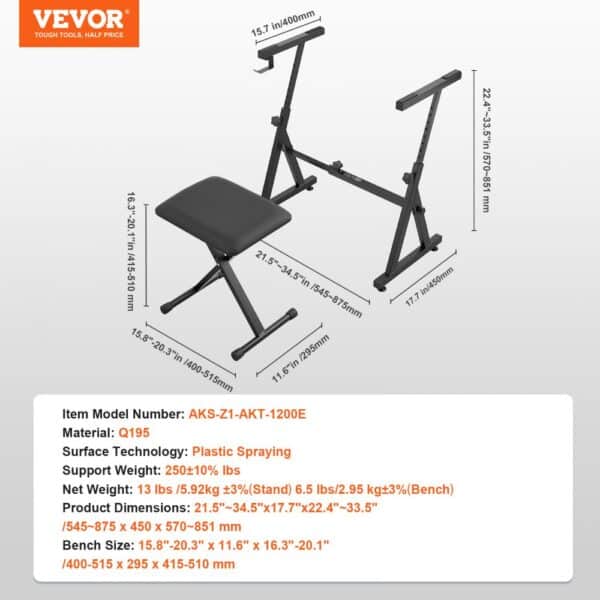 VEVOR piano keyboard stand with dimensions and specifications highlighted. adjustable seat included.