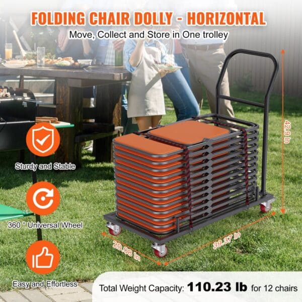 VEVOR folding chair dolly in a backyard setting, showcasing its capacity to hold 12 chairs.