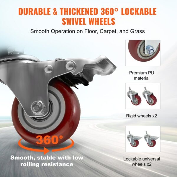 durable, 360° lockable swivel wheels on VEVOR folding chair dolly for smooth, stable rolling.