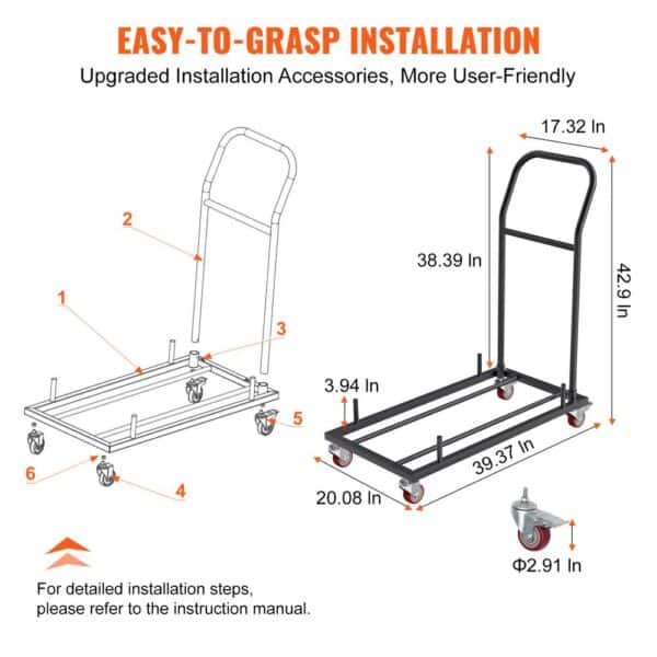 VEVOR folding chair dolly dimensions and assembly guide with labeled parts and measurements.