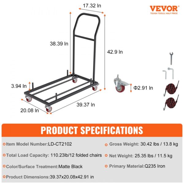 VEVOR folding chair dolly with dimensions and specifications, including load capacity and components.