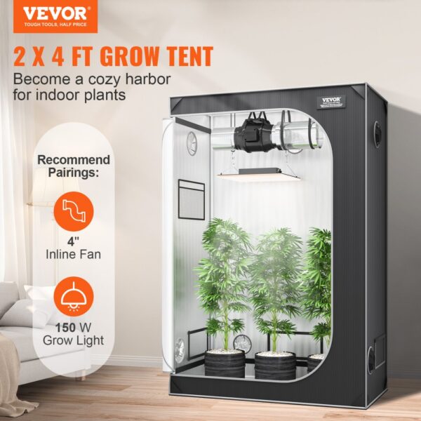 VEVOR grow tent 2x4 ft for indoor plants with 4" inline fan and 150w grow light recommendations.