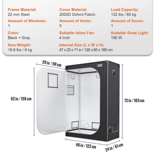 VEVOR grow tent with 2000d oxford fabric, 22mm steel frame, 5 vents, 1 window, and 1 door.